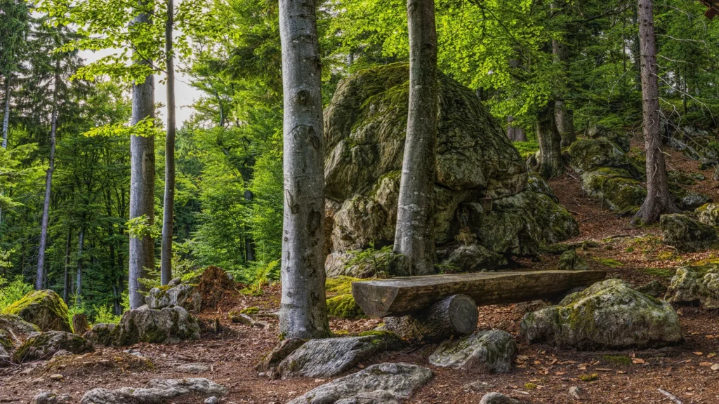 Moss-covered boulder and log bench nestled among tree trunks in a forest clearing